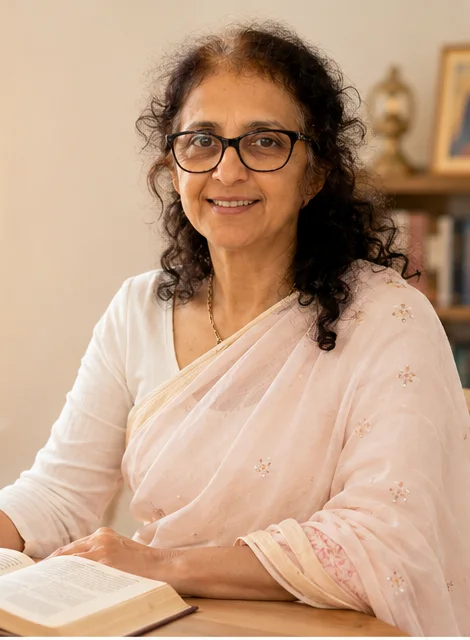 Aditi Dasi reading from the Bhagavad Gita at her study table